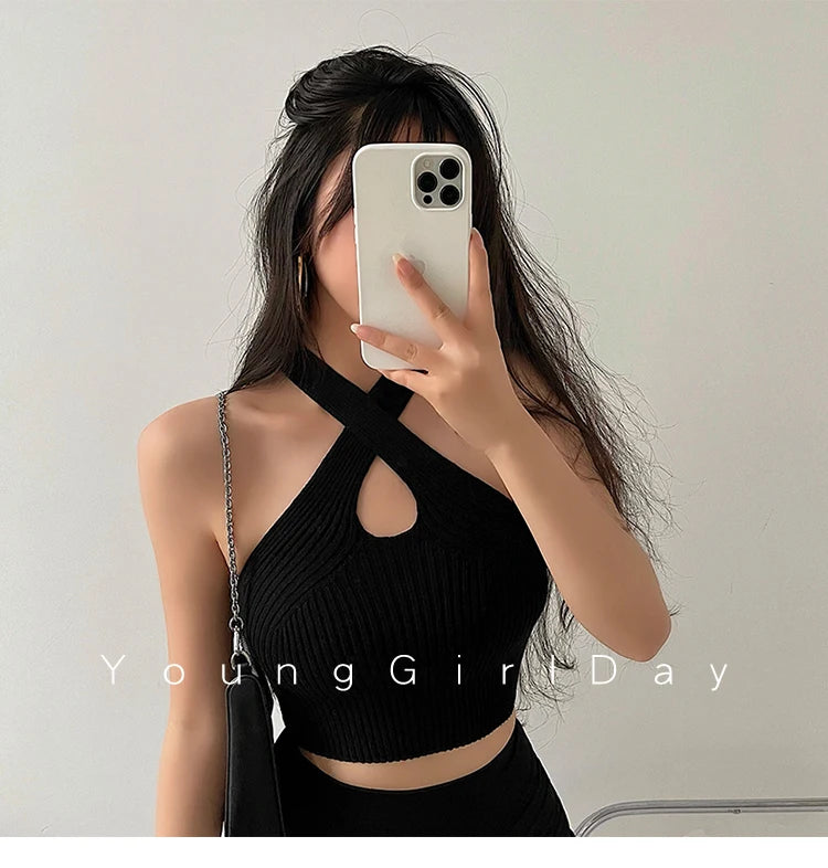 Women Summer Knitted Cross Strap Halter Top